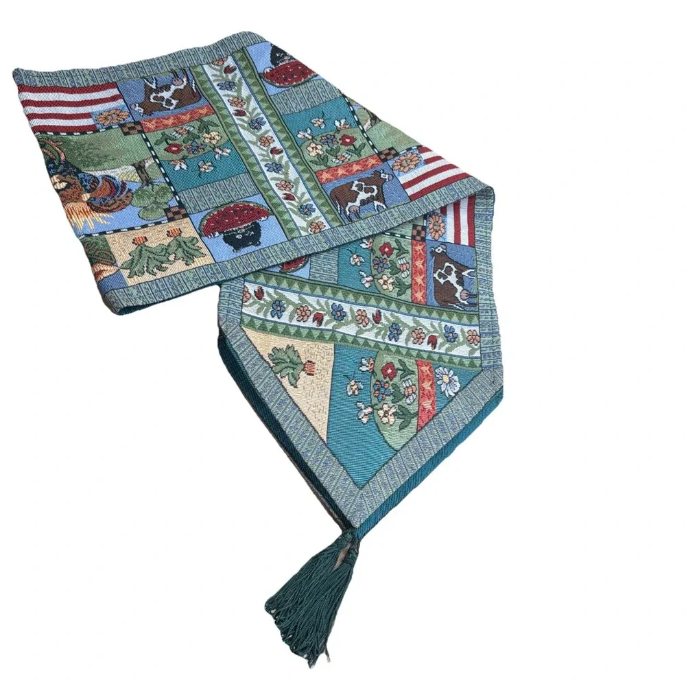 Vtg‎ Handmade? Country Farmhouse Barnyard Rooster Tapestry Table Runner 70